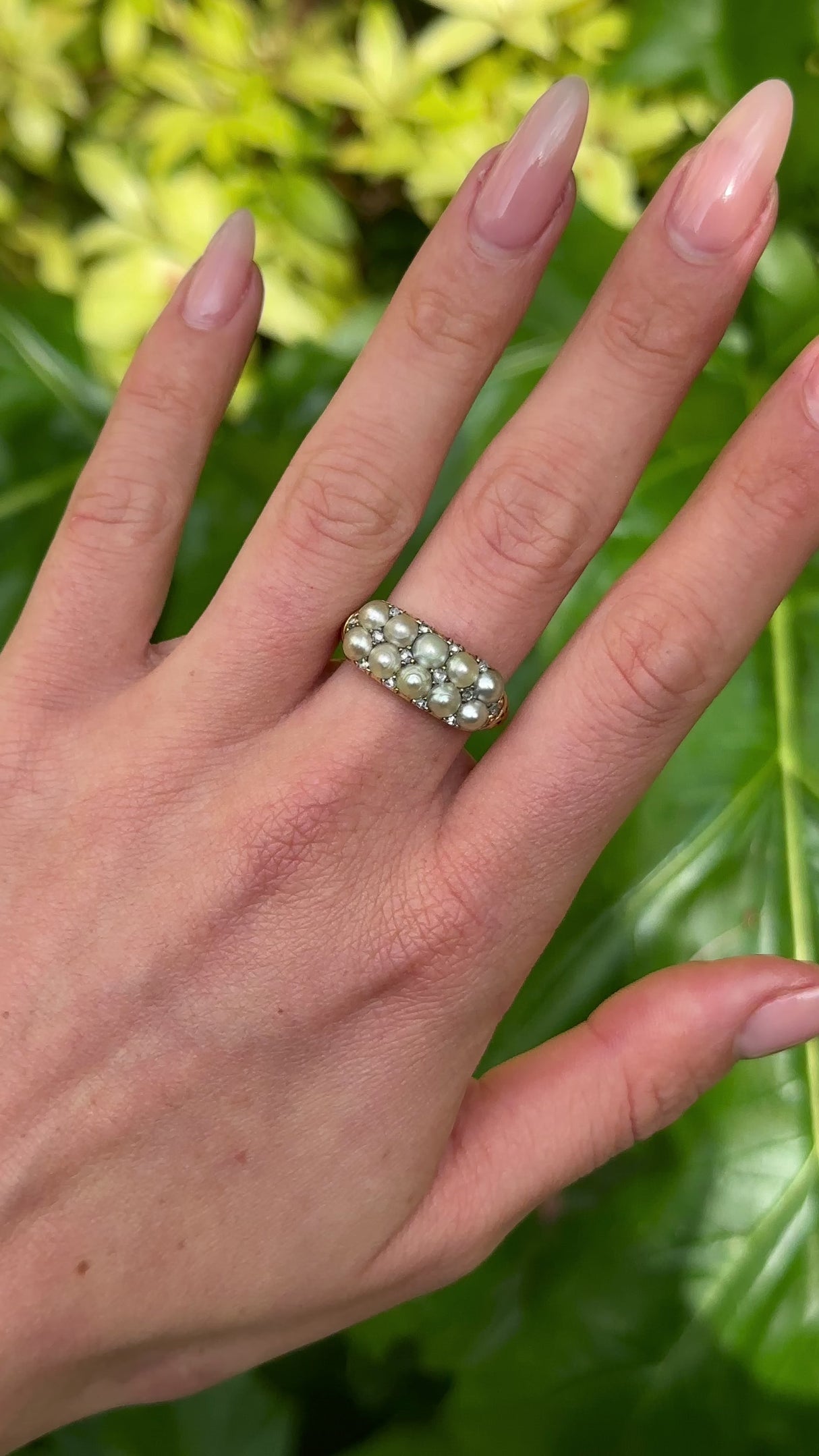 Antique, Victorian Double Row Pearl & Diamond Ring, 15ct Yellow Gold worn on hand. 