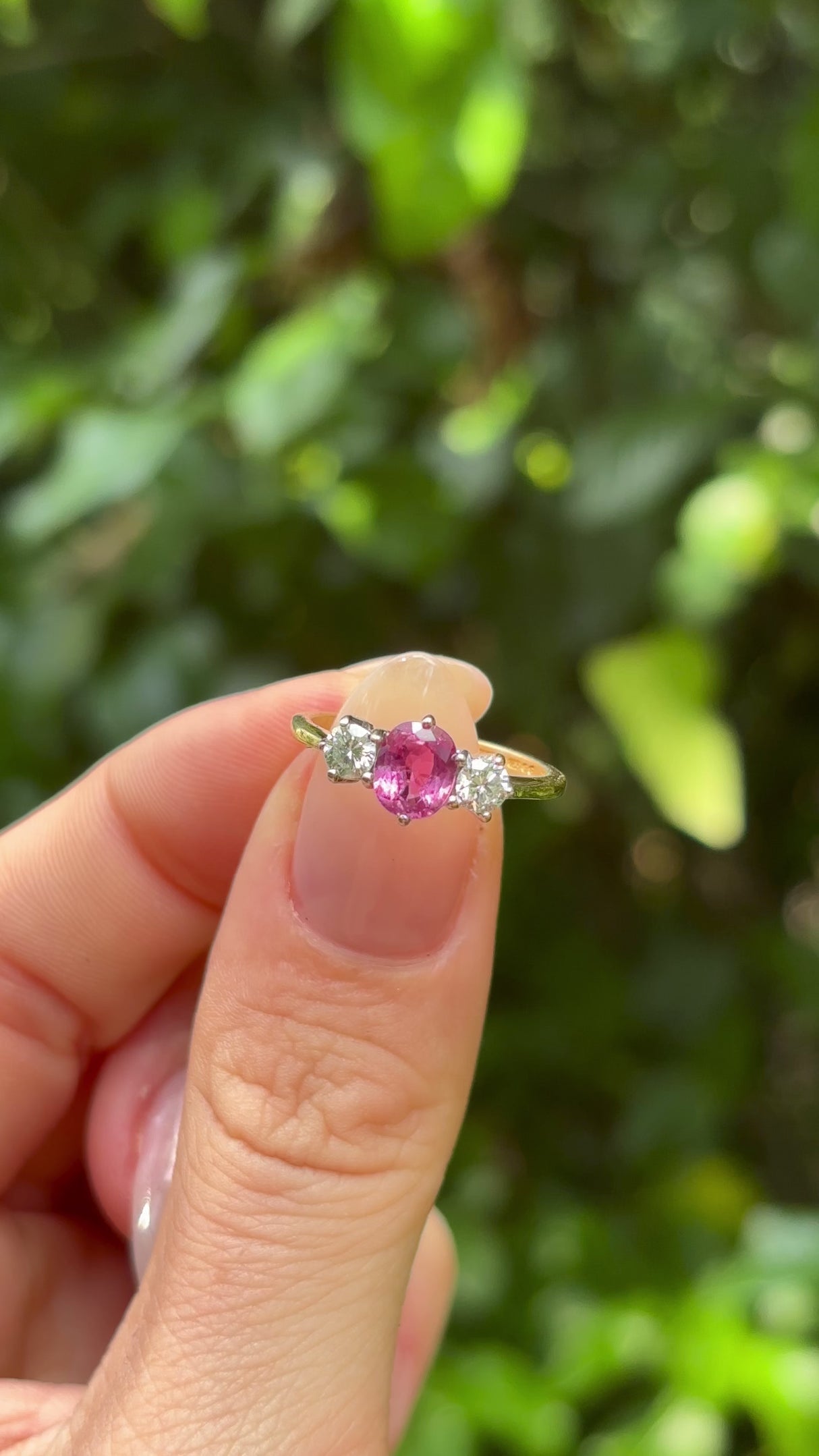 Vintage, 1990s pink sapphire and diamond three-stone ring, 18ct yellow gold and platinum