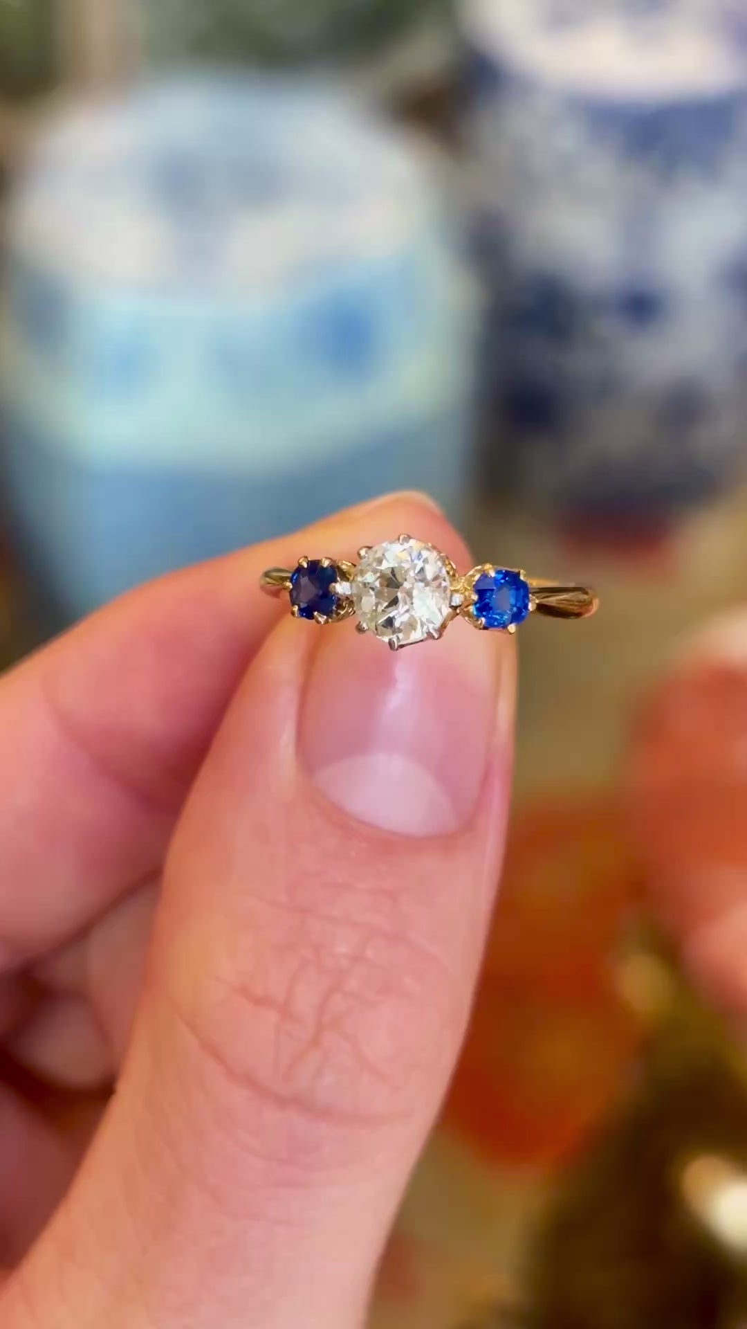Antique, Edwardian old-cut diamond & sapphire three-stone ring