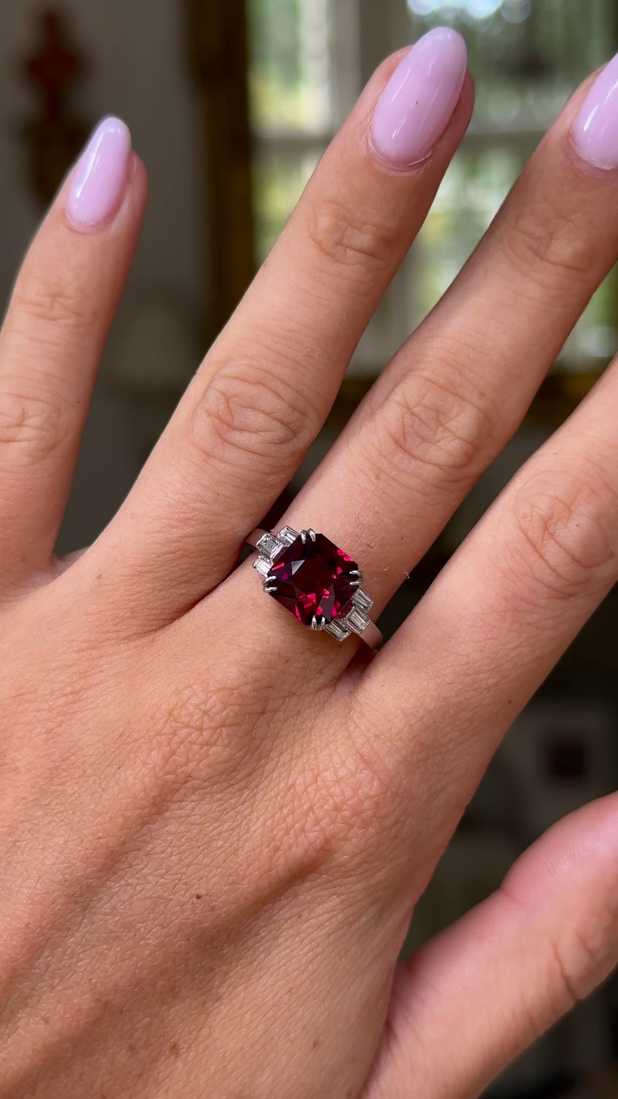 RESERVED Vintage, French, Red Garnet and Diamond Ring, 18ct White Gold