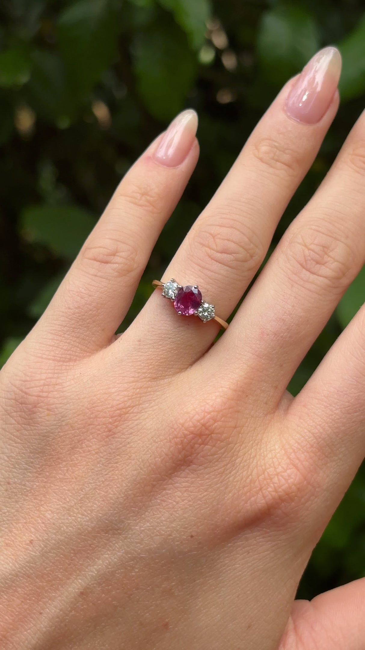 Vintage, 1990s pink sapphire and diamond three-stone ring, 18ct yellow gold and platinum