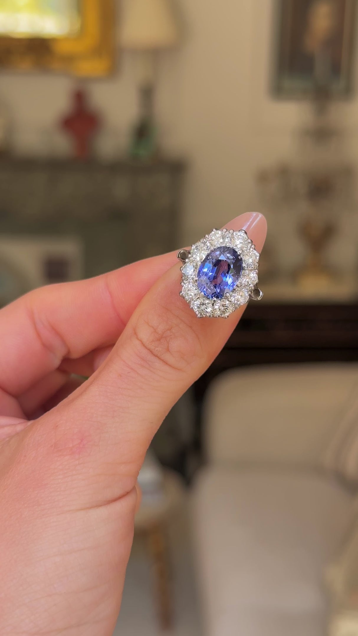 Large Oval-Cut 4ct Cornflower Blue Sapphire and Diamond Cluster Ring, Platinum