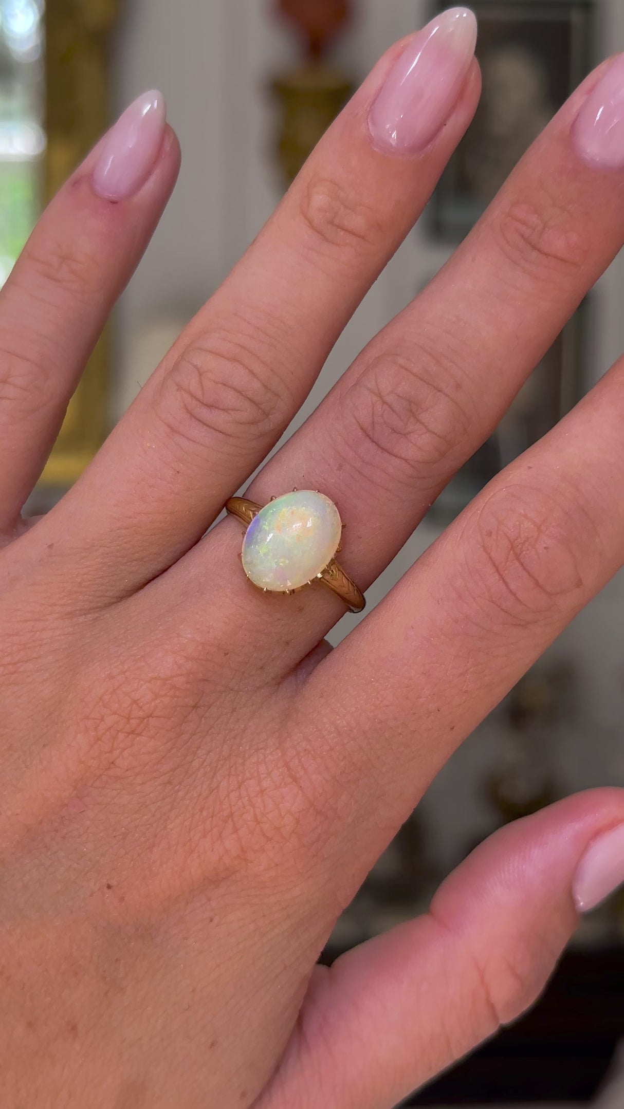 Antique, Victorian cabochon white Australian opal ring, 18ct yellow gold