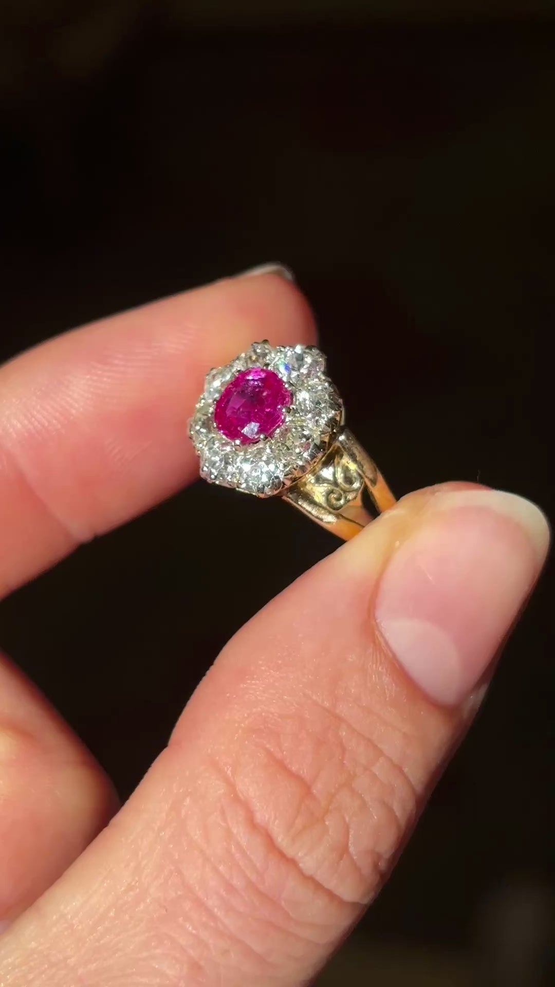 Edwardian oval Burmese pink sapphire & diamond engagement cluster ring