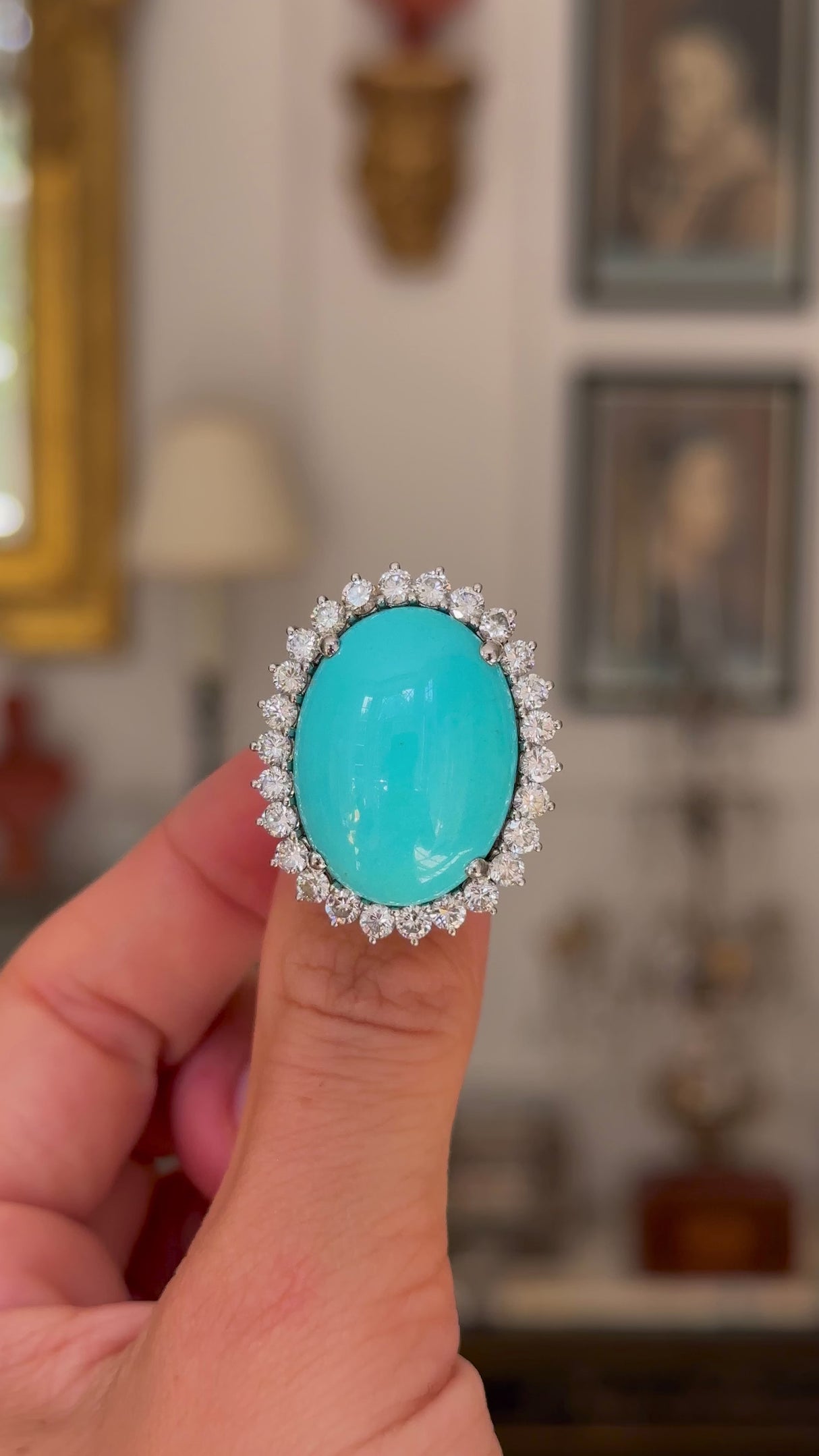 French, large natural turquoise & diamond cluster cocktail ring, 18ct white gold