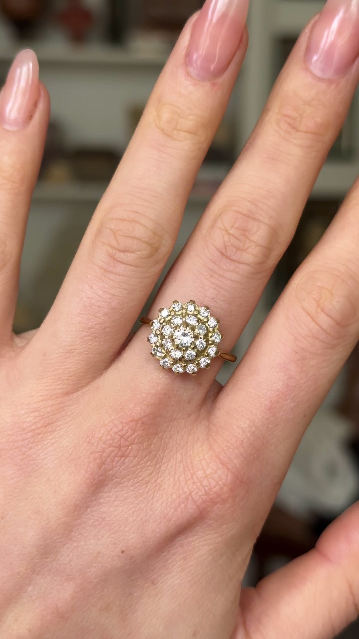 Vintage, 1970s Large Diamond Cluster Ring, 18ct Yellow Gold worn on hand and rotated to give perspective.