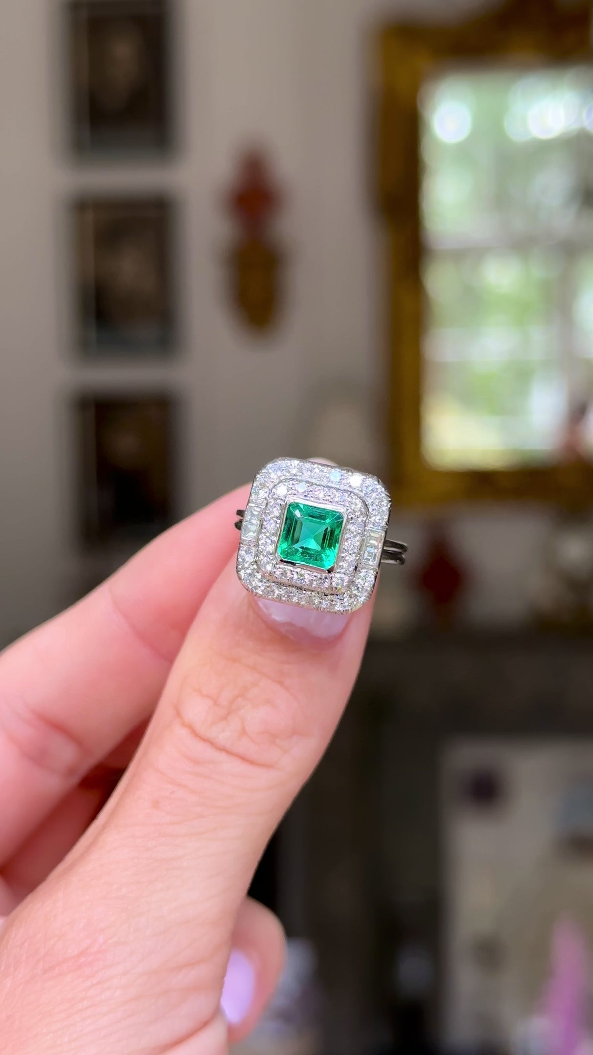 Art Deco, square-cut Colombian emerald & diamond cluster ring