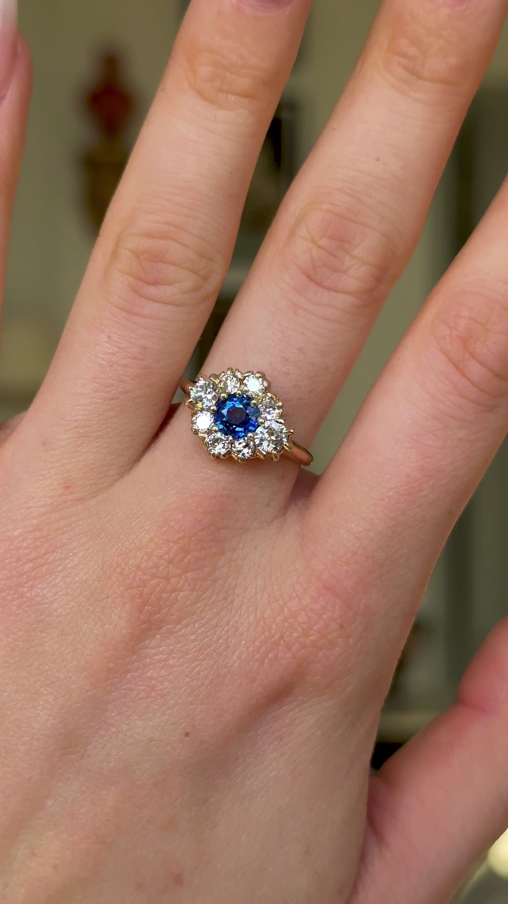 Vintage, Sapphire and Diamond Cluster Engagement Ring, 14ct Yellow Gold worn on hand and moved around to give perspective
