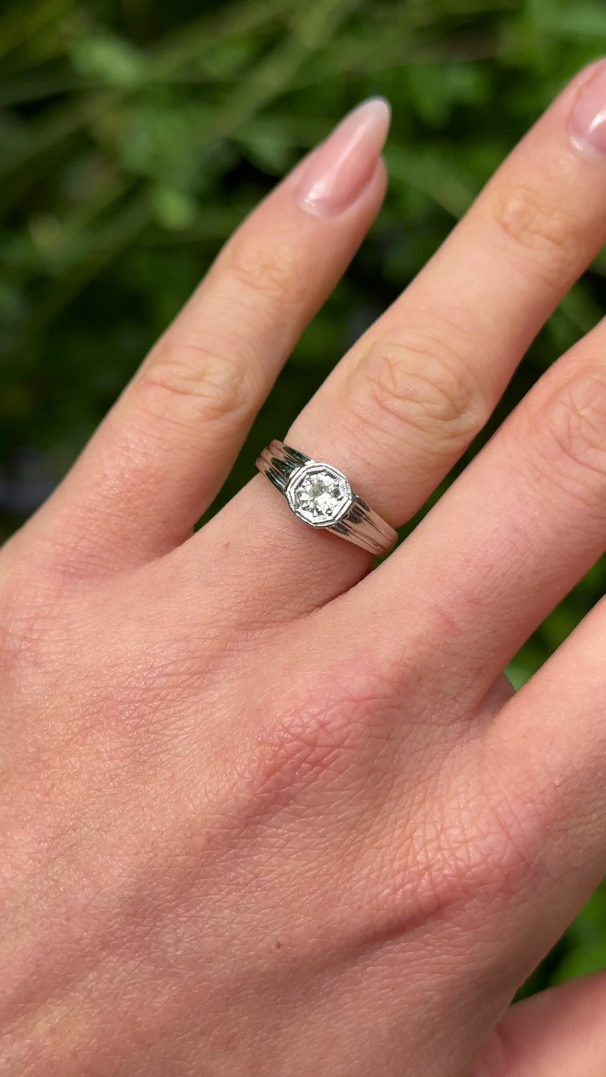 Vintage, 1930s Diamond Engagement Ring, 18ct Yellow Gold and Platinum worn on hand.