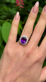 Vintage, 1980s Amethyst and Diamond Cluster Cocktail Ring, 18ct Yellow Gold and Platinum worn on hand.
