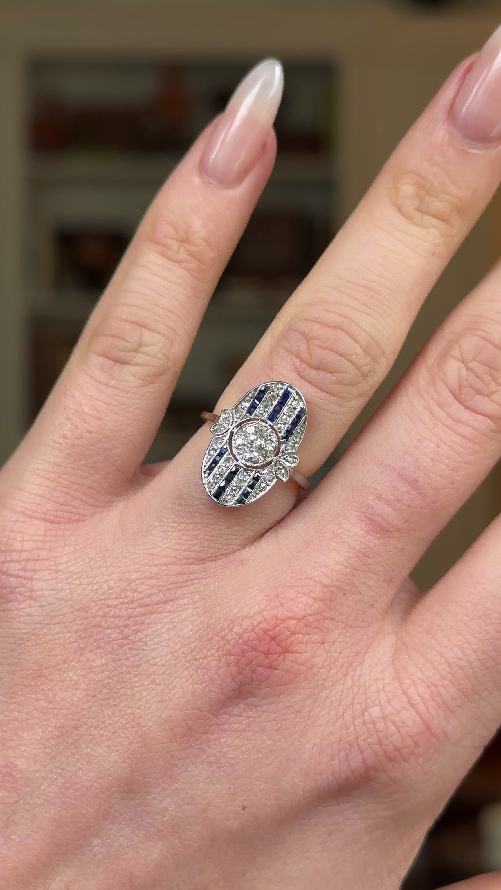 Antique, Belle Époque Sapphire and Diamond Ring, 18ct Yellow and White Gold worn on hand and rotated to give perspective.