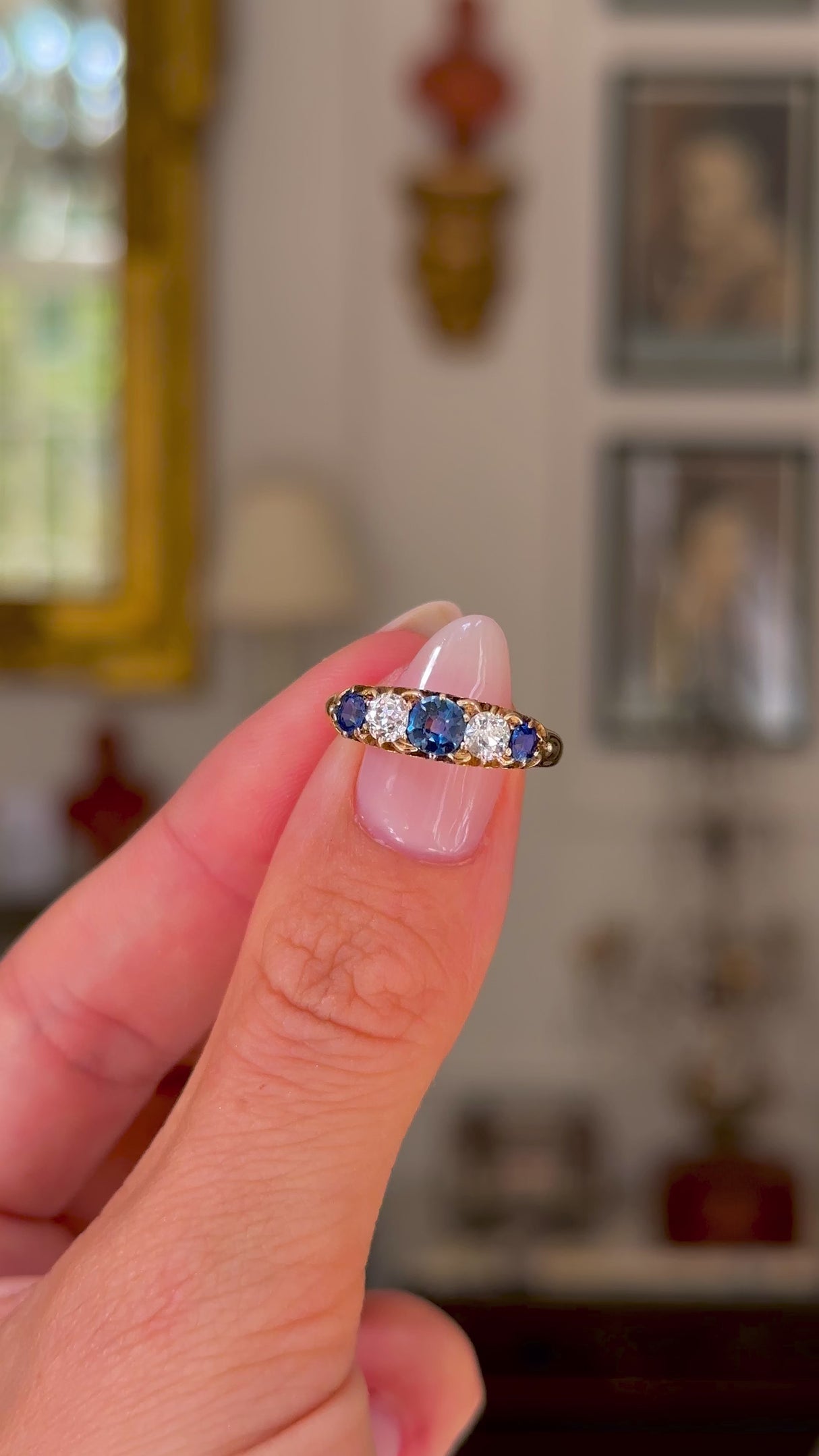 Antique, Victorian five stone sapphire and diamond ring, 18ct yellow gold