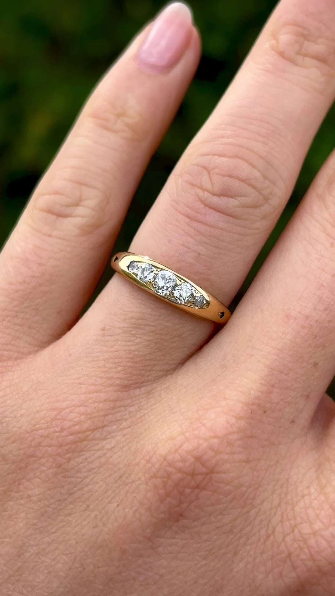 Antique, Edwardian five-stone diamond ring front worn on hand