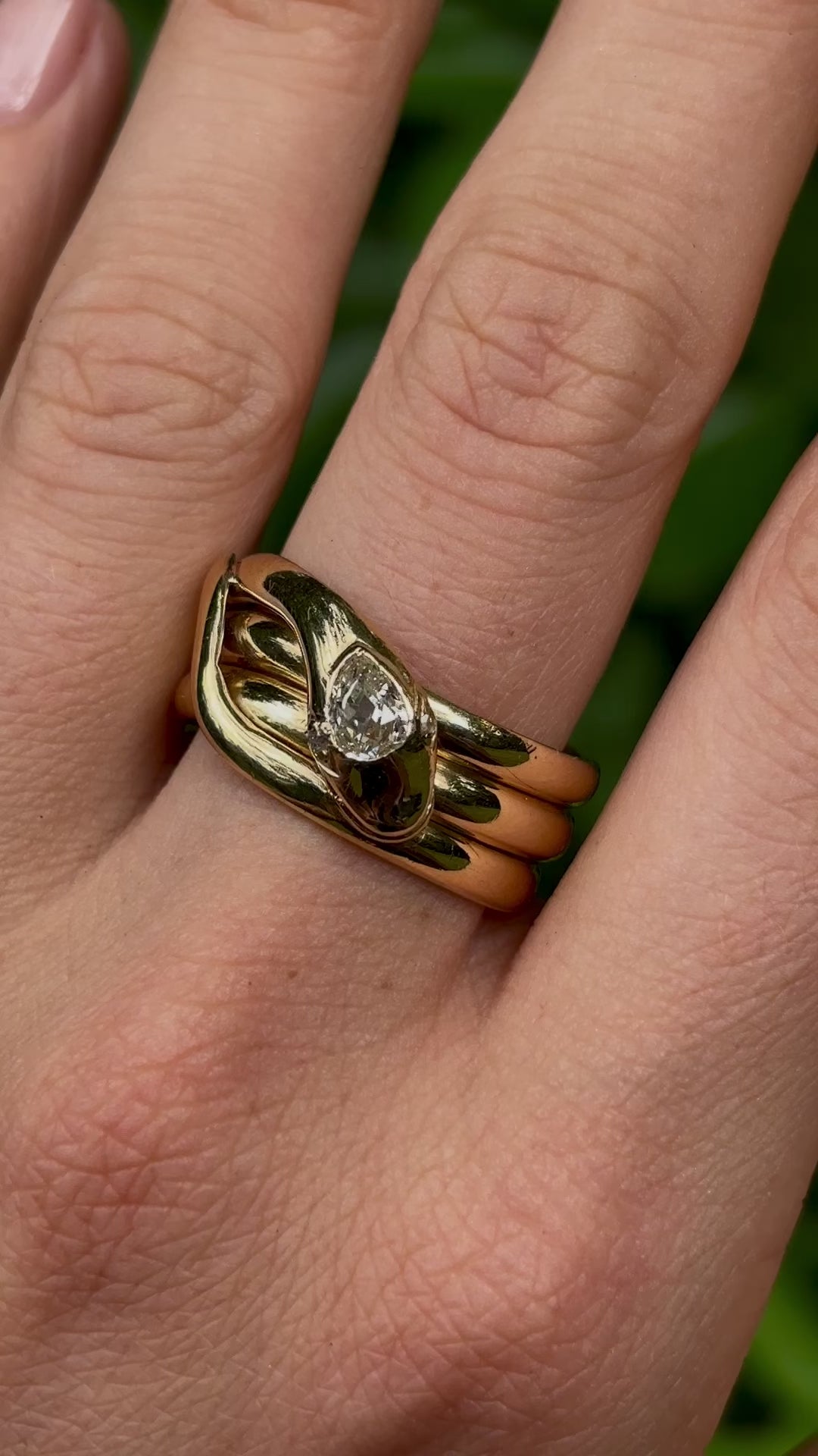 Antique, Victorian diamond set snake ring, 18ct yellow gold worn on hand.