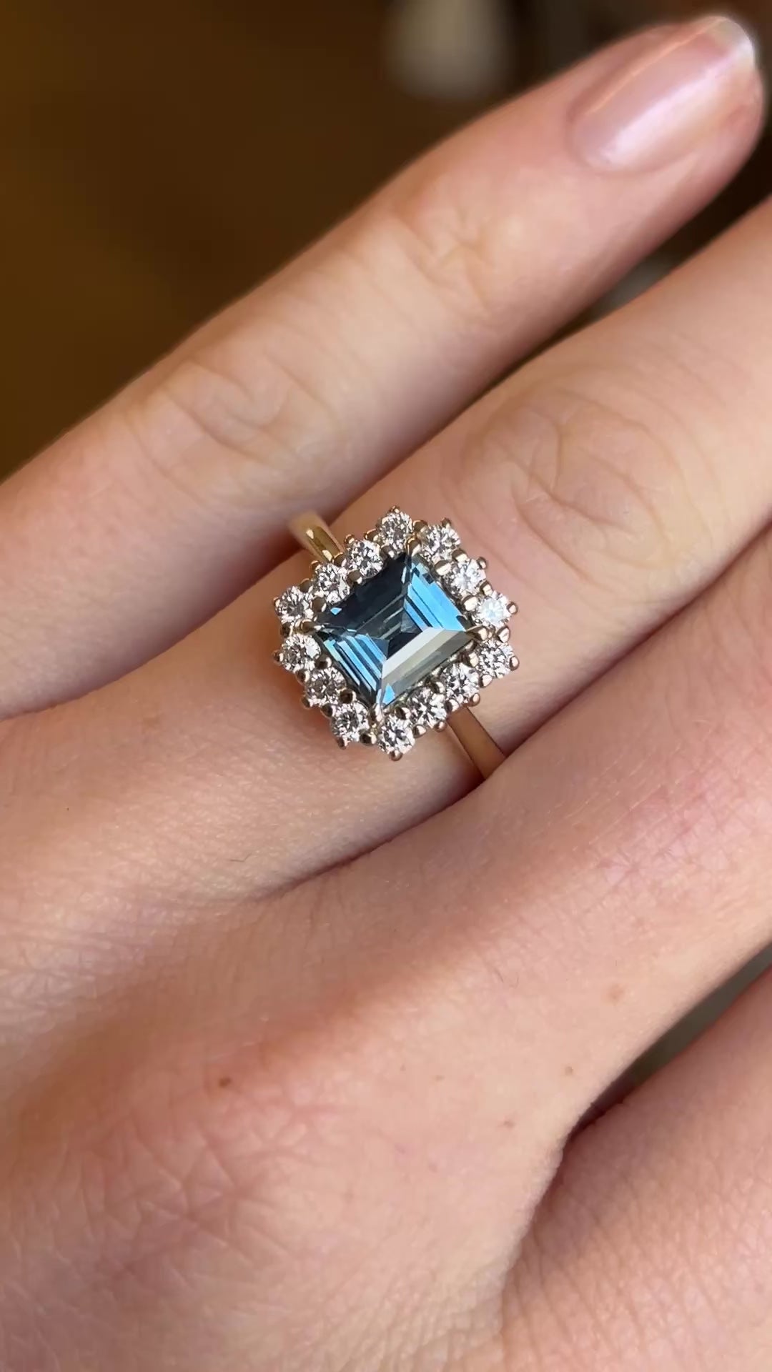 Baguette-cut teal sapphire & diamond cluster ring