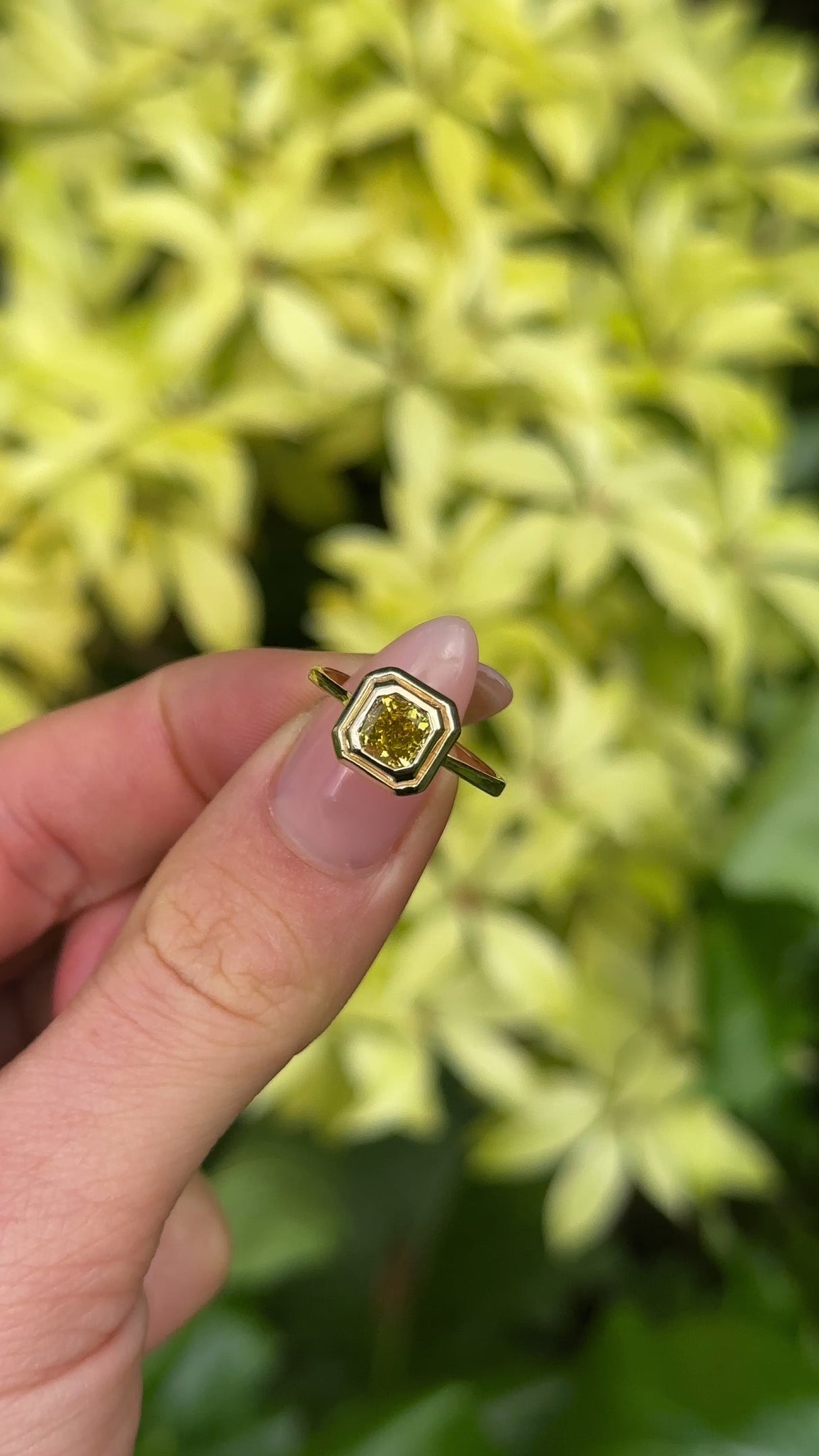 Vintage, Solitaire Yellow Diamond Ring, 14ct Yellow and White Gold worn on hand.