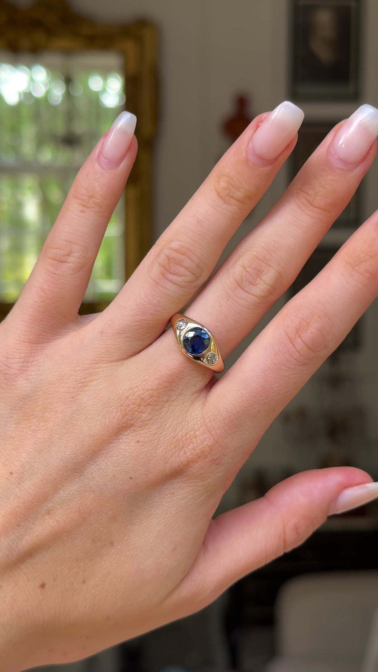 Vintage Burmese blue sapphire and diamond gypsy ring, 18ct yellow gold