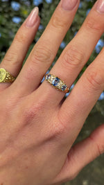 Antique, Edwardian Sapphire and Diamond Three-Stone Engagement Ring, 18ct Yellow Gold worn on hand.