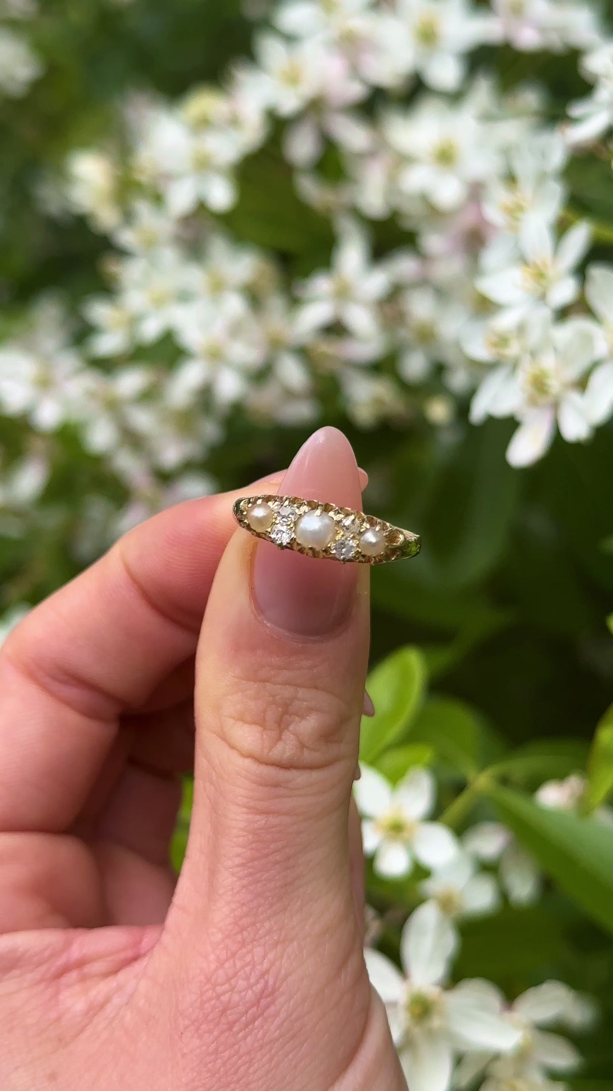 Antique, Edwardian Pearl and Diamond Half Hoop Ring, 18ct Yellow Gold held in fingers