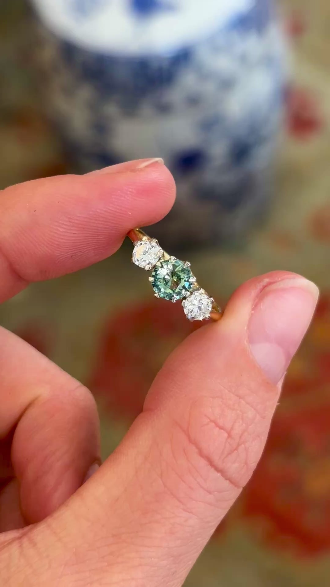 Vintage, 1950s Green-teal sapphire & diamond three-stone ring