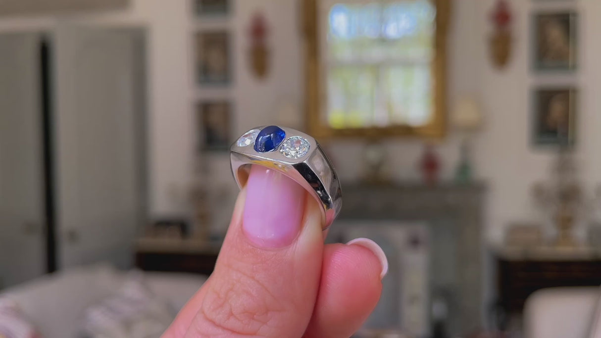 1920s Cabochon Sapphire and Diamond Three Stone Gypsy Ring, Platinum