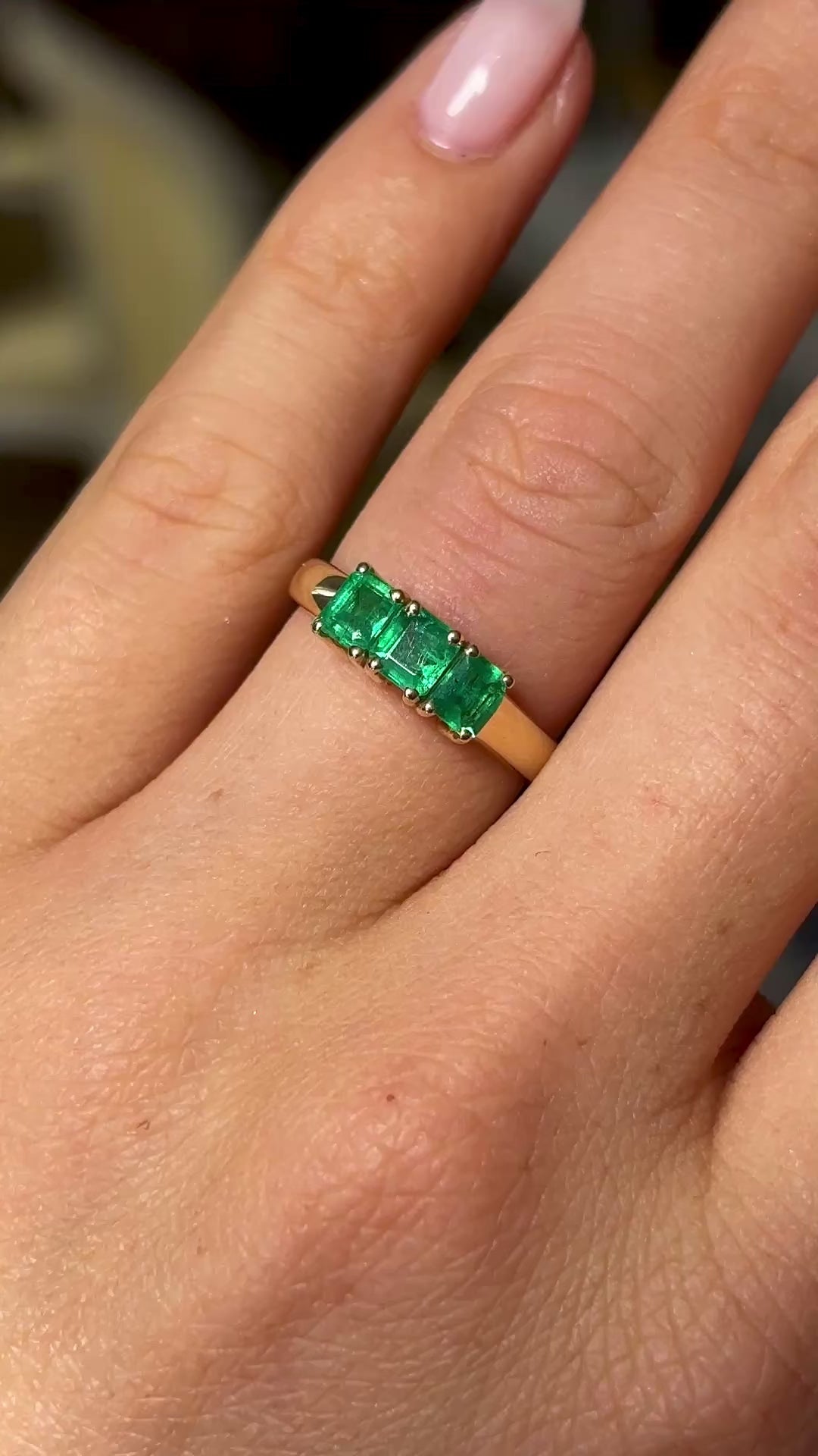Vintage, 1990s three-stone emerald ring
