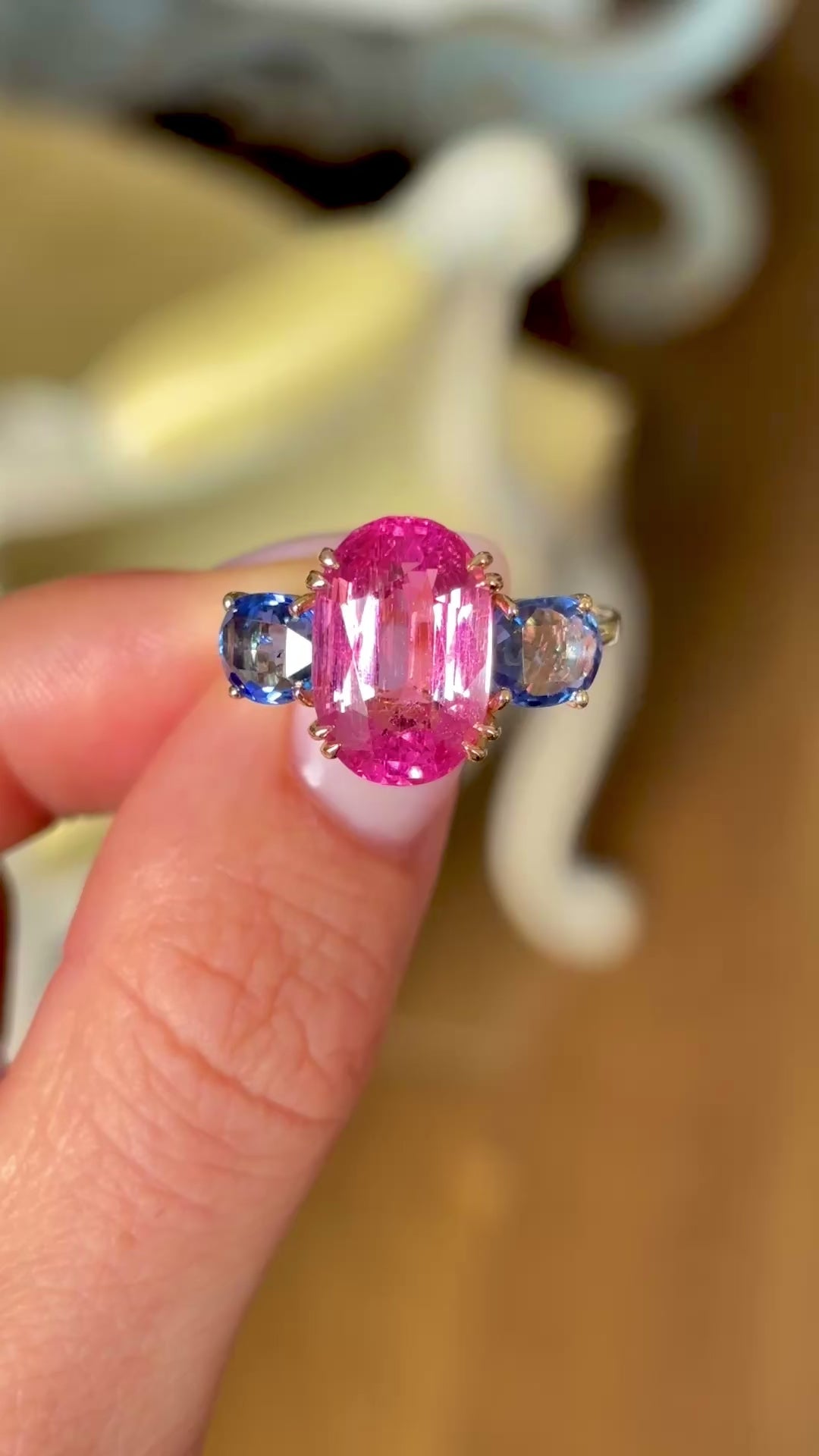 Vintage, 1980s pink tourmaline & sapphire three-stone ring