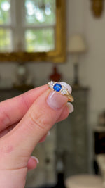 Antique, Edwardian, sapphire and diamond, carved three stone engagement ring, 18ct yellow gold