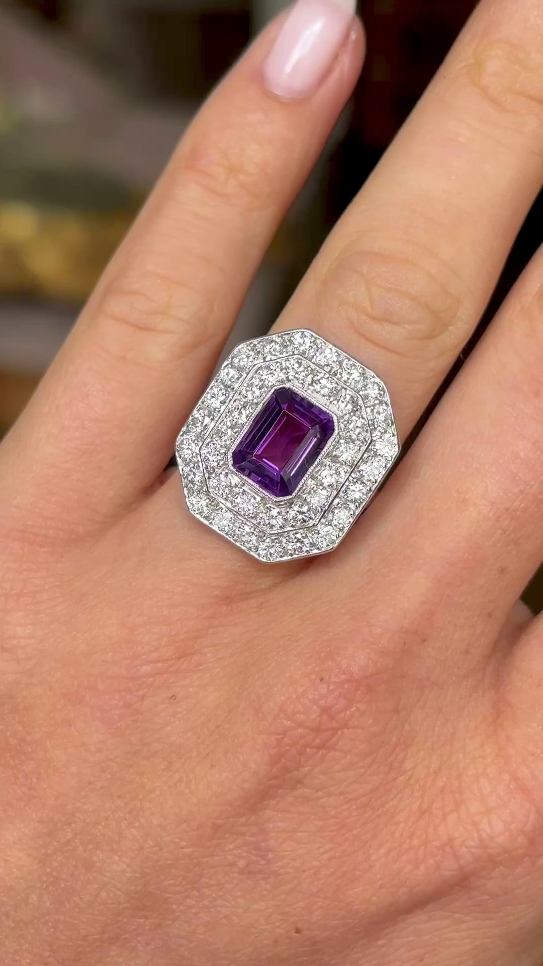 Vintage, Art Deco amethyst & diamond double cluster ring