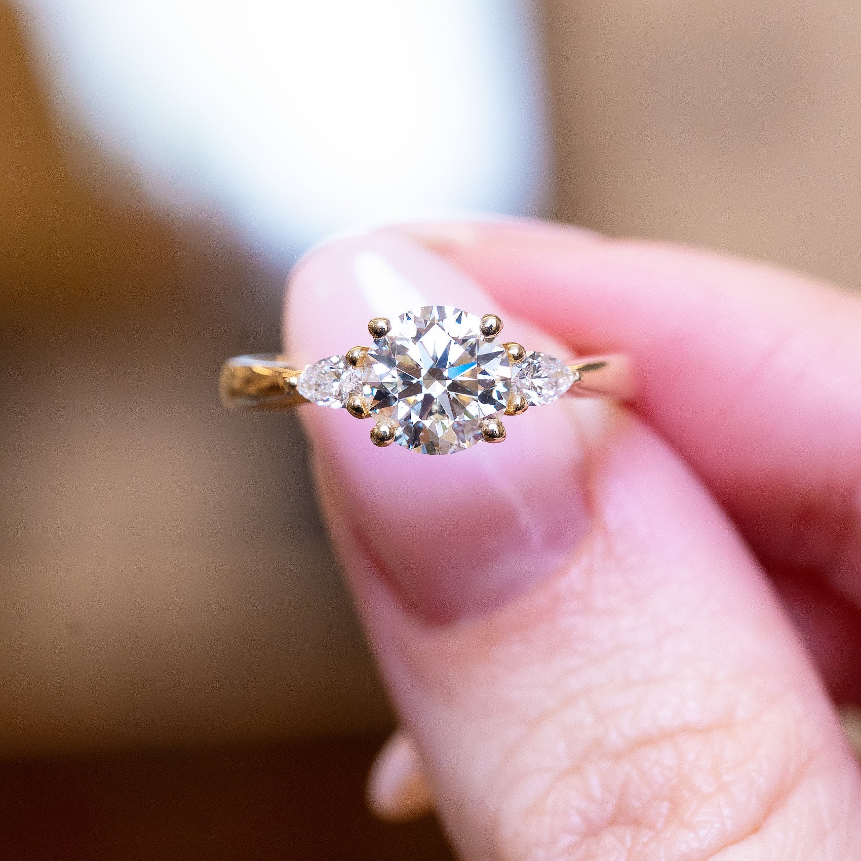 finger ring gold ring with diamond stone Antique inspired, round brilliant-cut diamond three-stone engagement r –  Antique Ring Boutique AU store, insured delivery