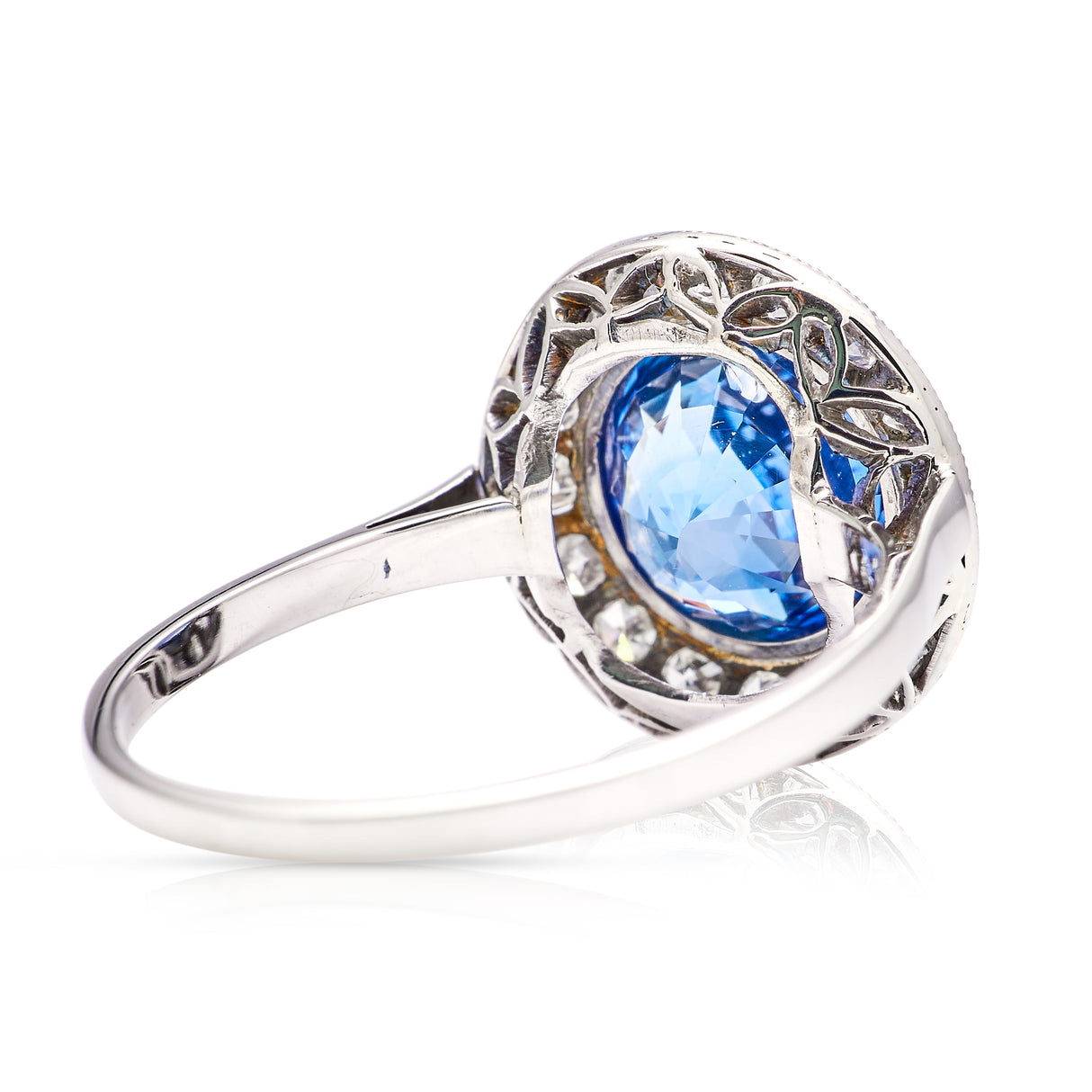 Vintage, Art Deco sapphire and diamond cluster ring, 18ct white gold, platinum