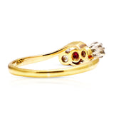 Antique, Edwardian ruby and diamond three-stone ring, 18ct yellow gold and platinum