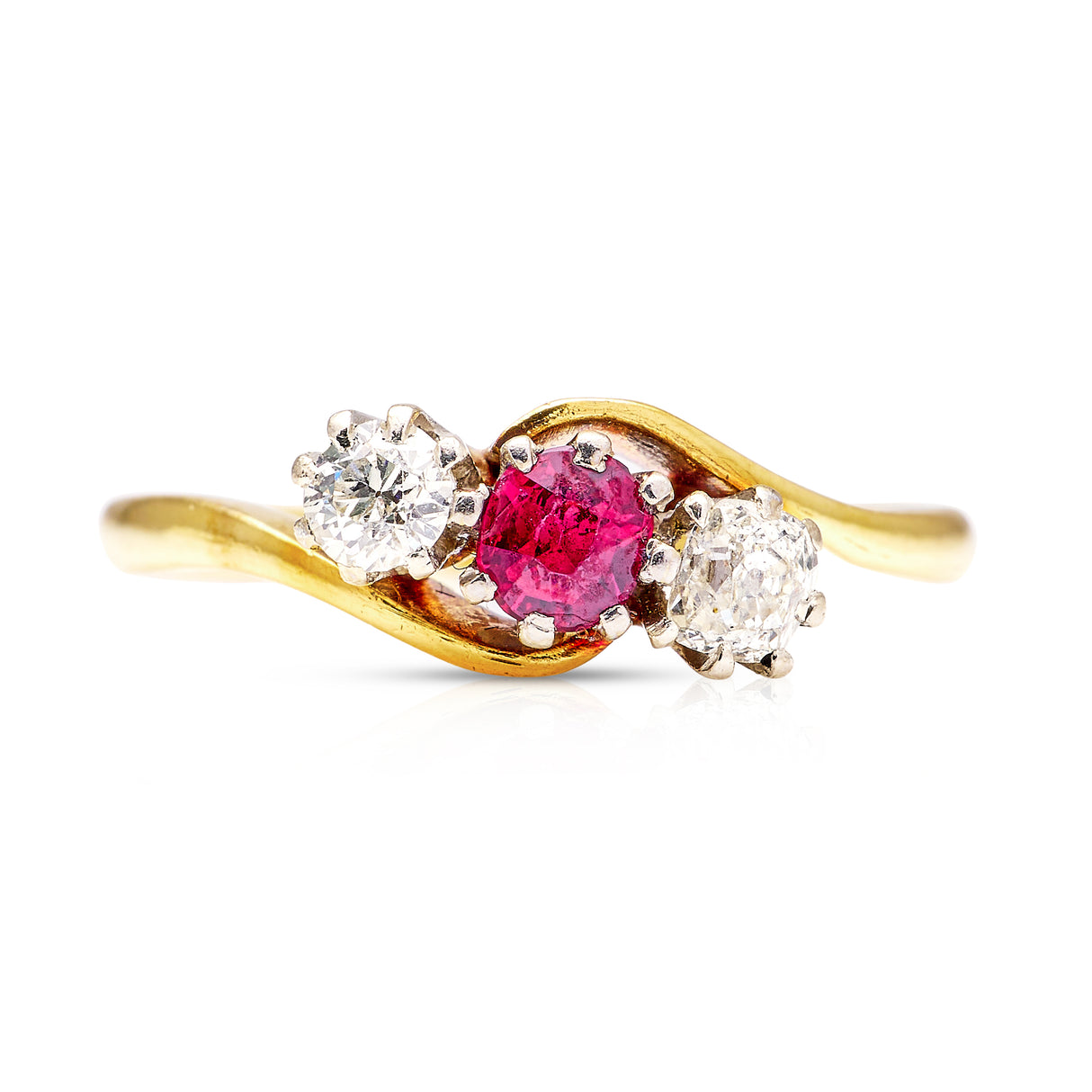 Antique, Edwardian ruby and diamond three-stone ring, 18ct yellow gold and platinum