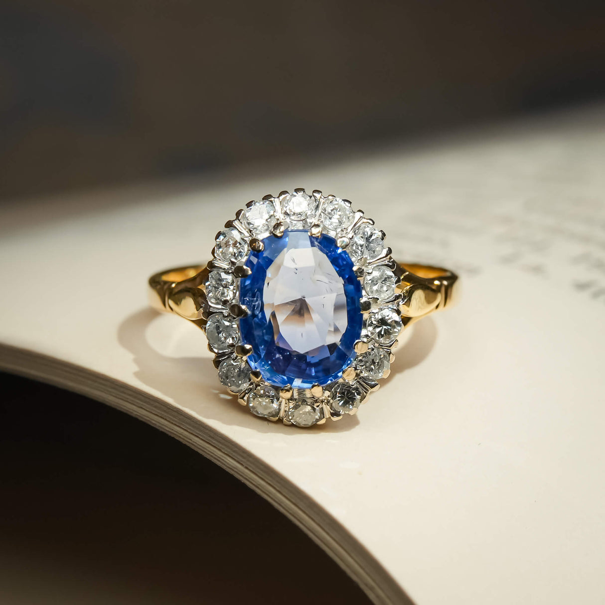 Sapphire and diamond cluster ring from the 1980s in gold setting