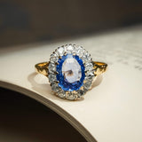 Sapphire and diamond cluster ring from the 1980s in gold setting