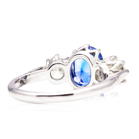 Vintage, sapphire and diamond three-stone ring, platinum