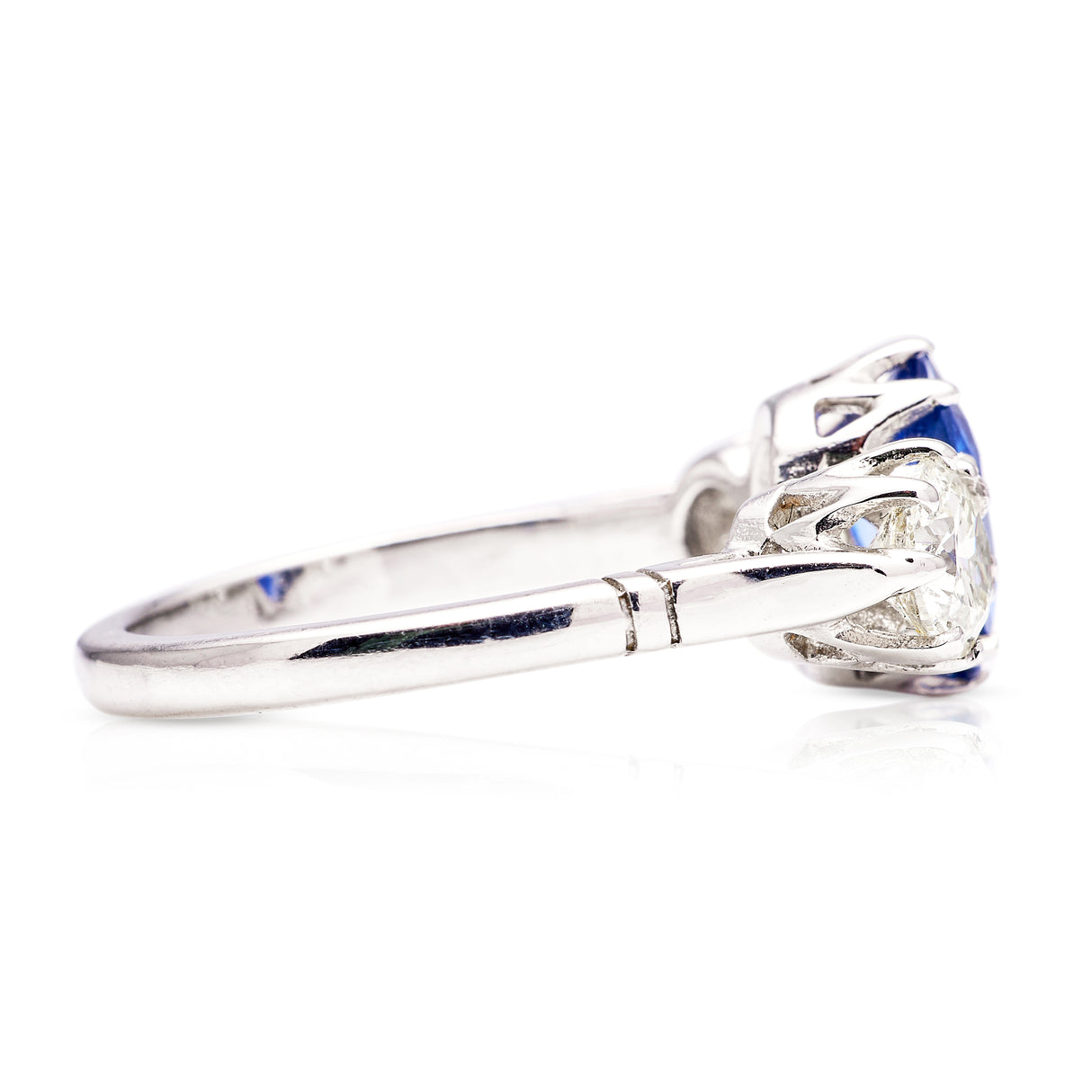 Vintage, sapphire and diamond three-stone ring, platinum
