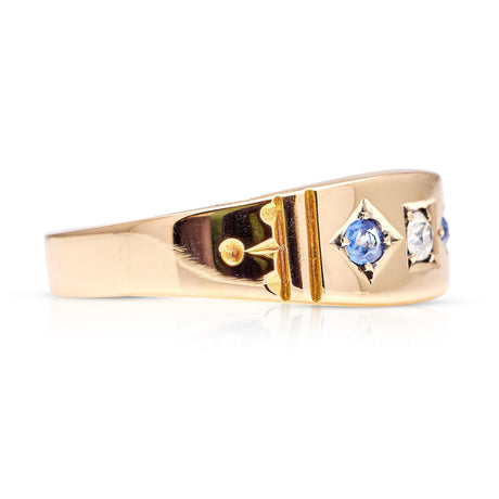 Antique, Victorian sapphire and diamond three-stone ring, 15ct yellow gold