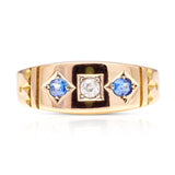 Antique, Victorian sapphire and diamond three-stone ring, 15ct yellow gold