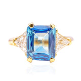Vintage, blue sapphire and trilliant-cut diamond three stone ring, 18ct yellow gold