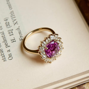 Sri Lanka pink sapphire 3.45ct engagement ring with diamond cluster in yellow gold
