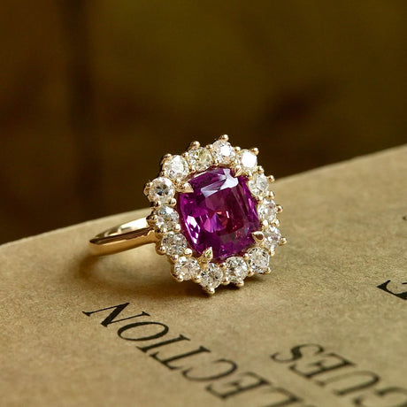 3.45ct Sri Lanka pink sapphire and diamond cluster engagement ring in yellow gold