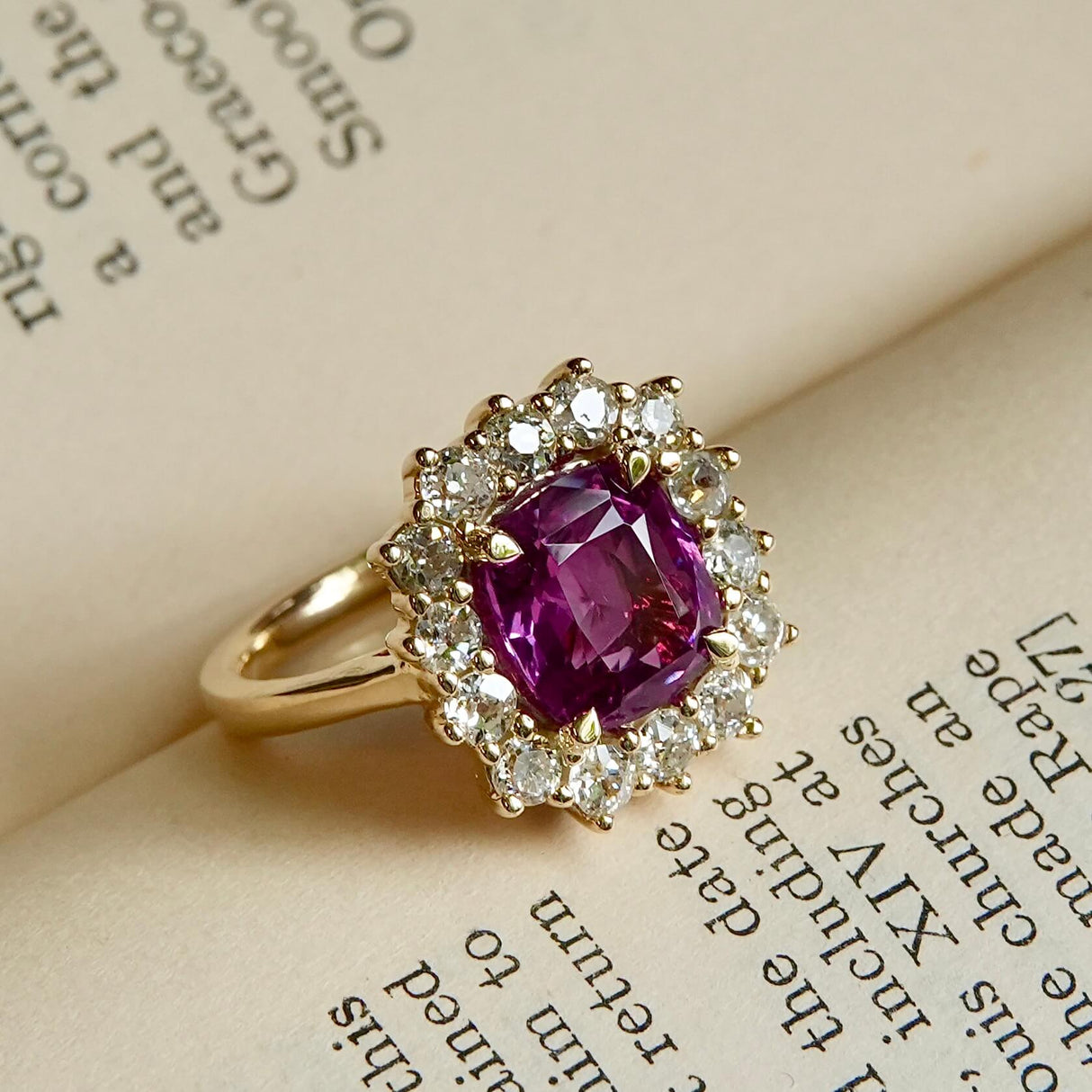 Sri Lanka 3.45ct pink sapphire and diamond cluster engagement ring in yellow gold