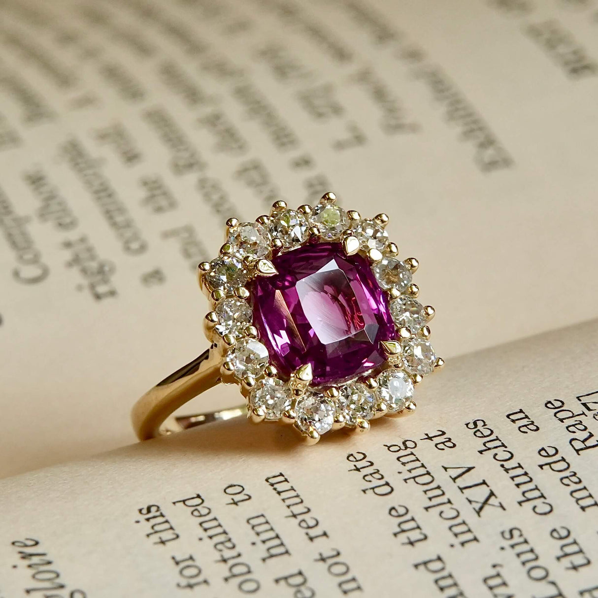 3.45ct pink sapphire from Sri Lanka with diamond cluster engagement ring in yellow gold