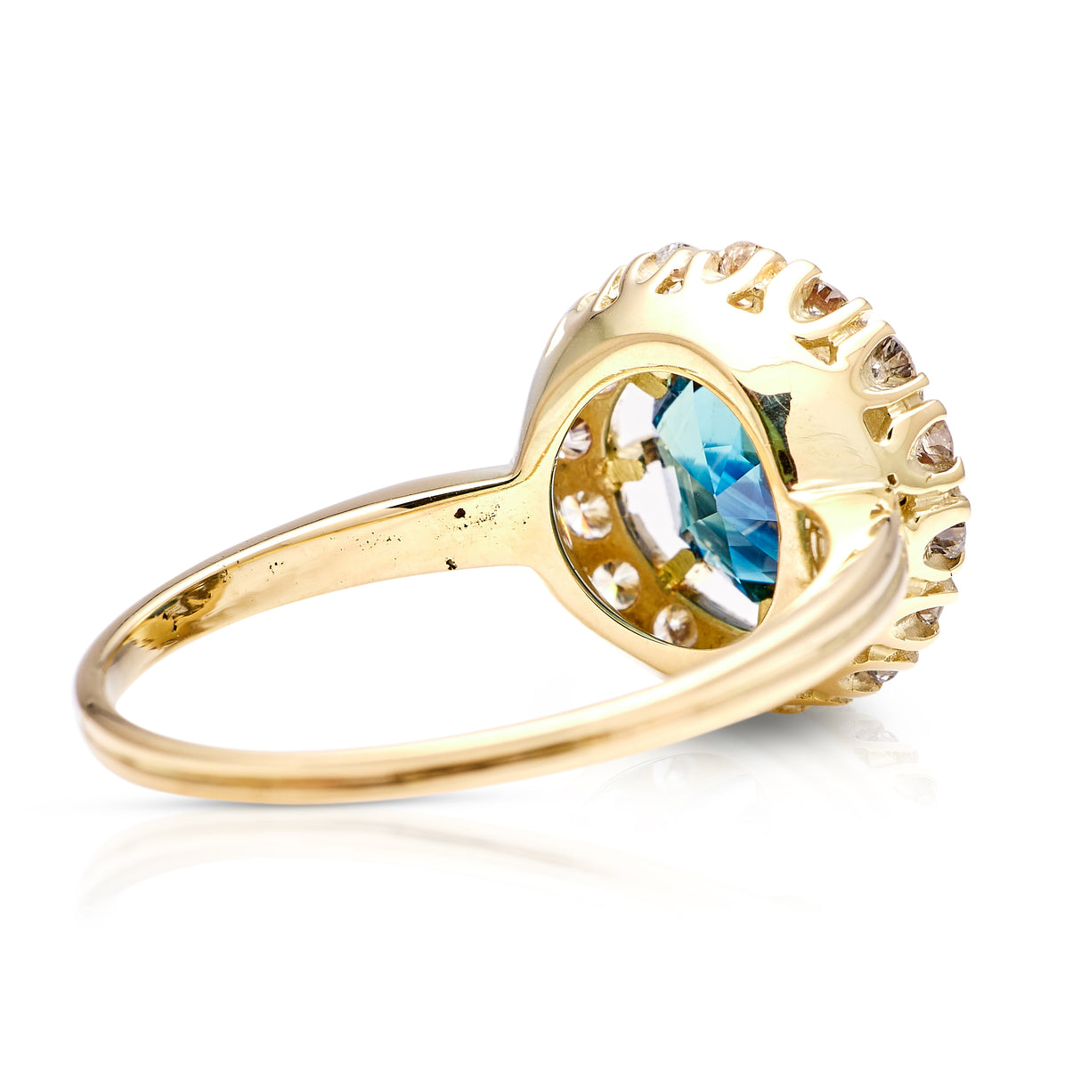 Vintage, teal blue sapphire and diamond cluster ring, 18ct yellow gold