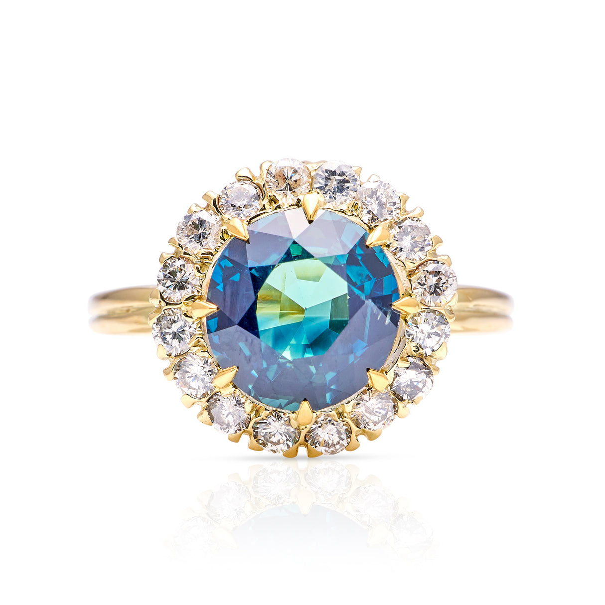 Vintage, teal blue sapphire and diamond cluster ring, 18ct yellow gold