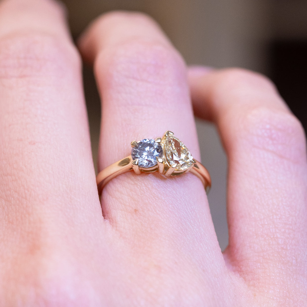 Antique inspired, coloured diamond Toi et Moi engagement ring
