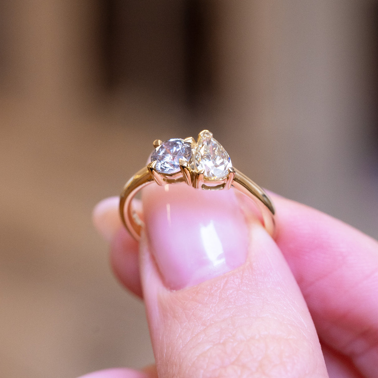 Antique inspired, coloured diamond Toi et Moi engagement ring