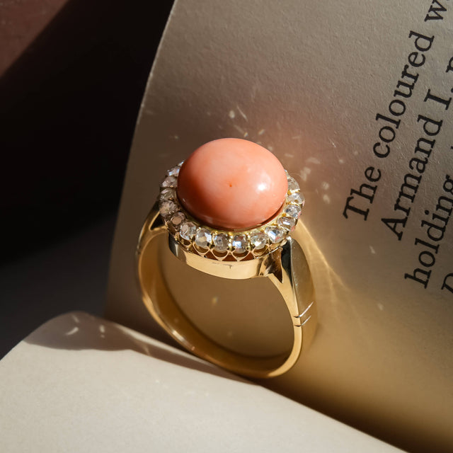 Victorian angel skin coral ring with rose cut diamond cluster in gold