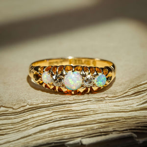 Late Victorian opal and diamond five stone ring with central opal and diamond details in gold